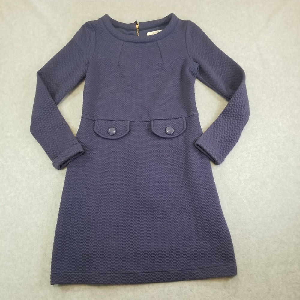 Boden Dress Womens Size 4 Regular Navy Blue Textured Knit Gold Zip Shift Quilted